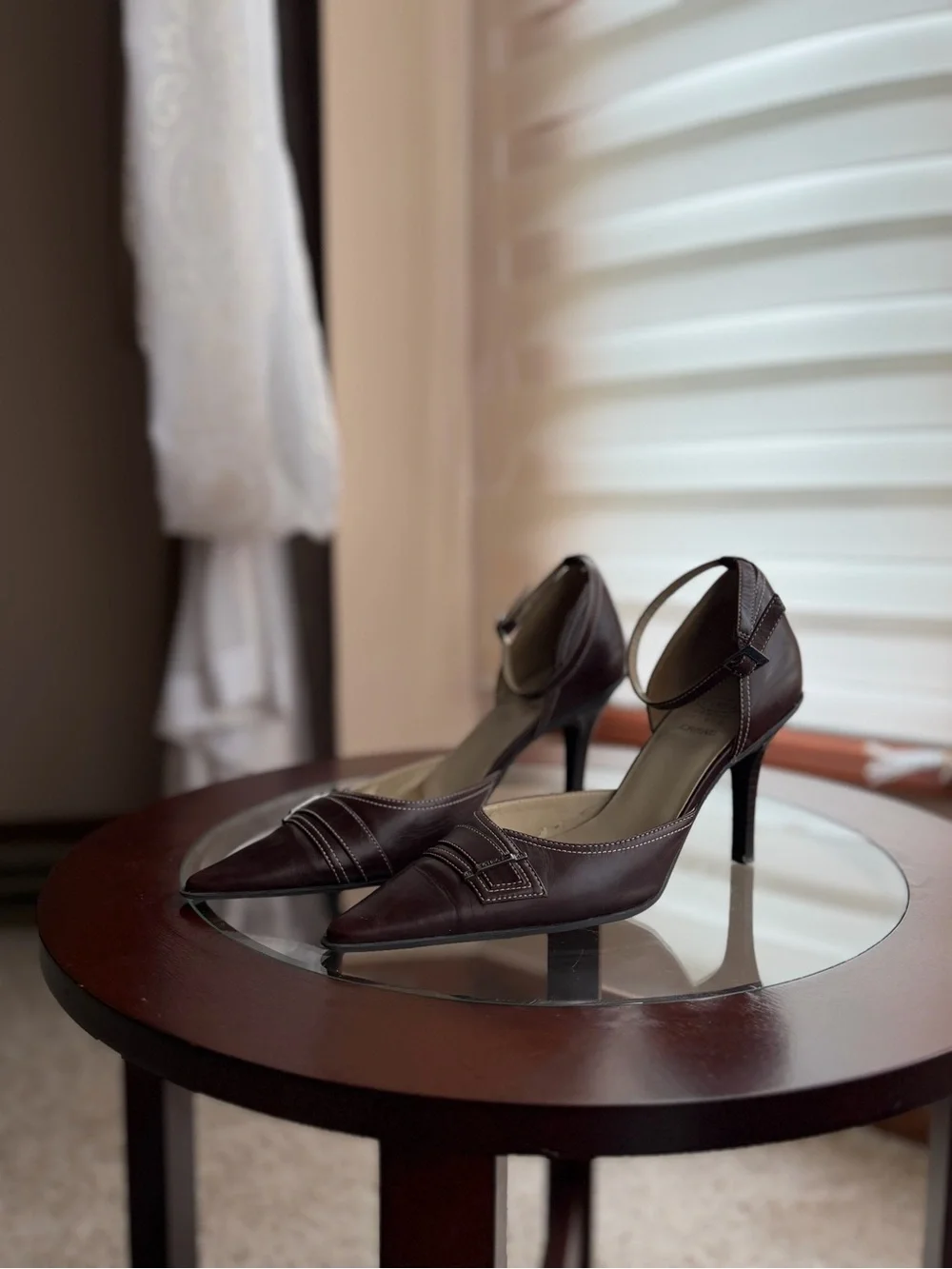 Joan & David Pointed Ankle-Strap Pumps in Dark Brown Leather
